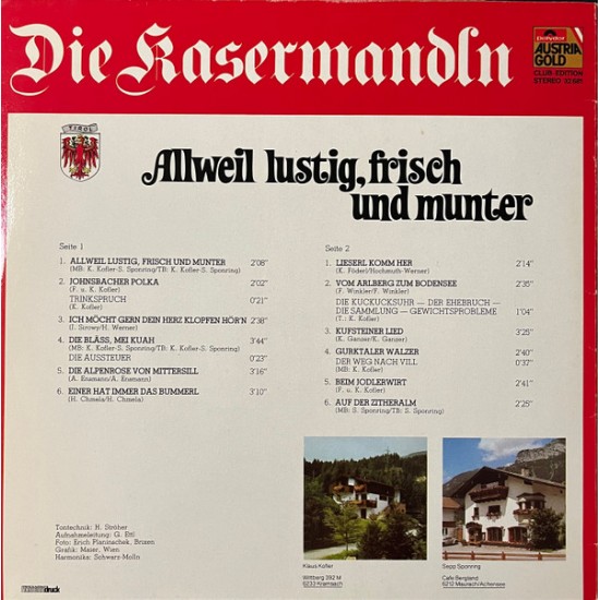 Die Kasermandln ‎– Allweil Lustig, Frisch Und Munter