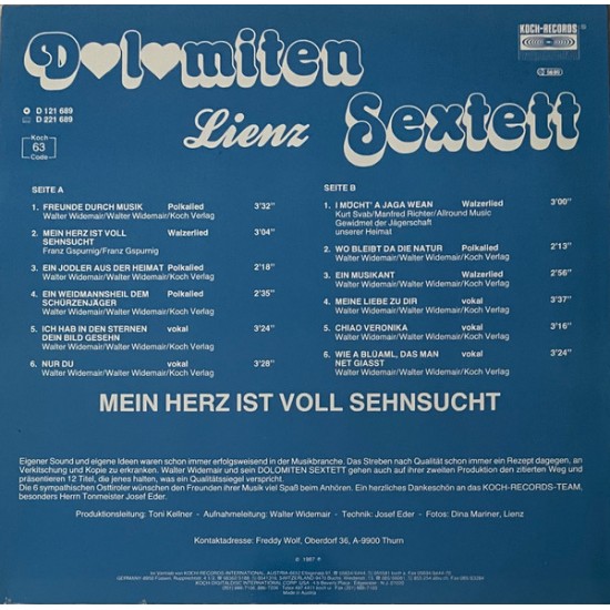 Dolomiten Sextett Lienz ‎– Mein Herz Ist Voll Sehnsucht