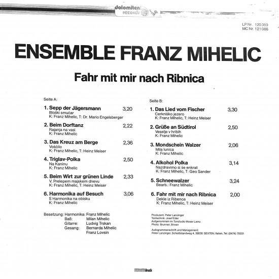 Ensemble Franz Mihelic ‎– Fahr Mit Mir Nach Ribnica