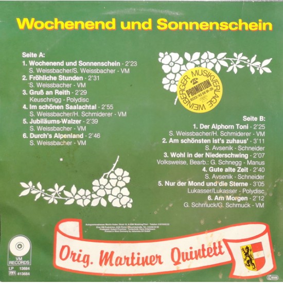 Orig. Martiner Quintett ‎– Wochenende Und Sonnenschein