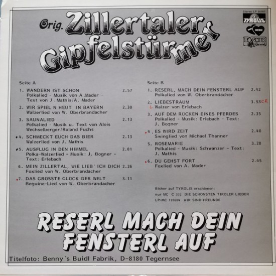 Orig. Zillertaler Gipfelstürmer ‎– Reserl Mach Dein Fensterl Auf