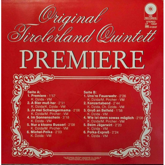 Original Tirolerland Quintett ‎– Premiere !!! Very Rare!!!