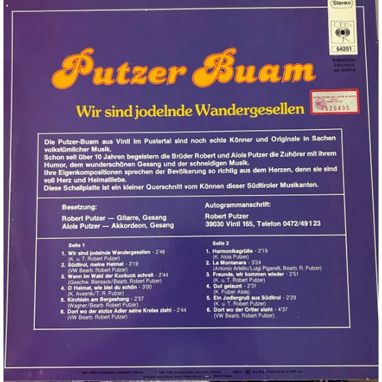 Putzer Buam ‎– Wir Sind Jodelnde Wandergesellen