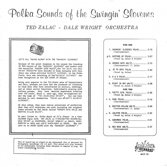 Ted Zalac - Dale Wright Orchestra – Polka Sounds Of The Swingin' Slovenes